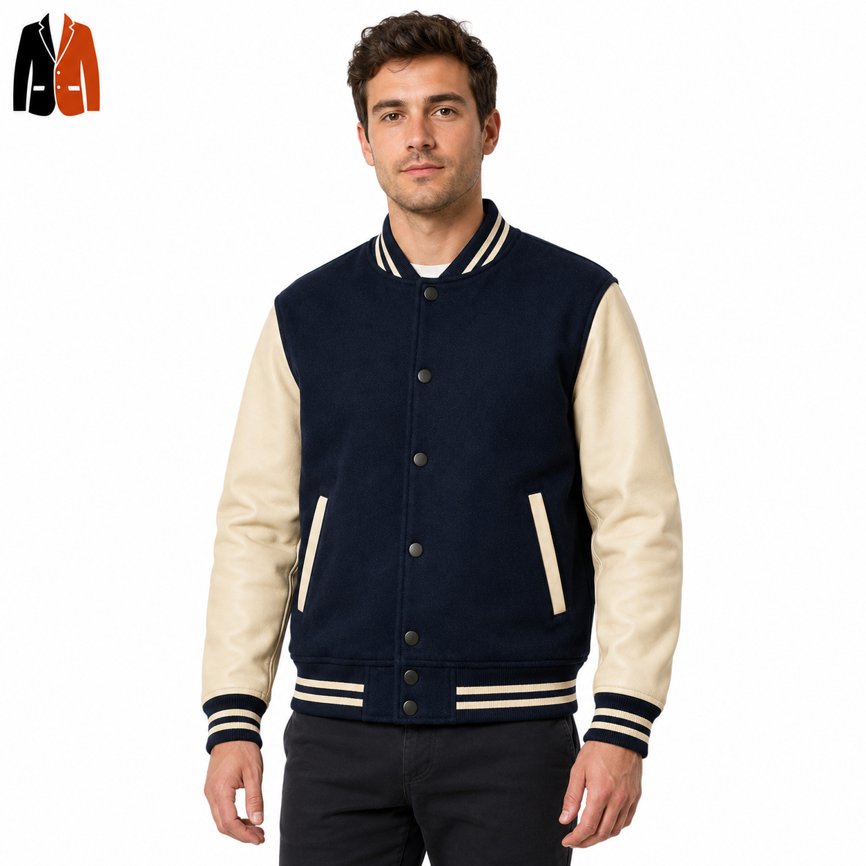 Navy Varsity Jacket with Contrast Sleeves
