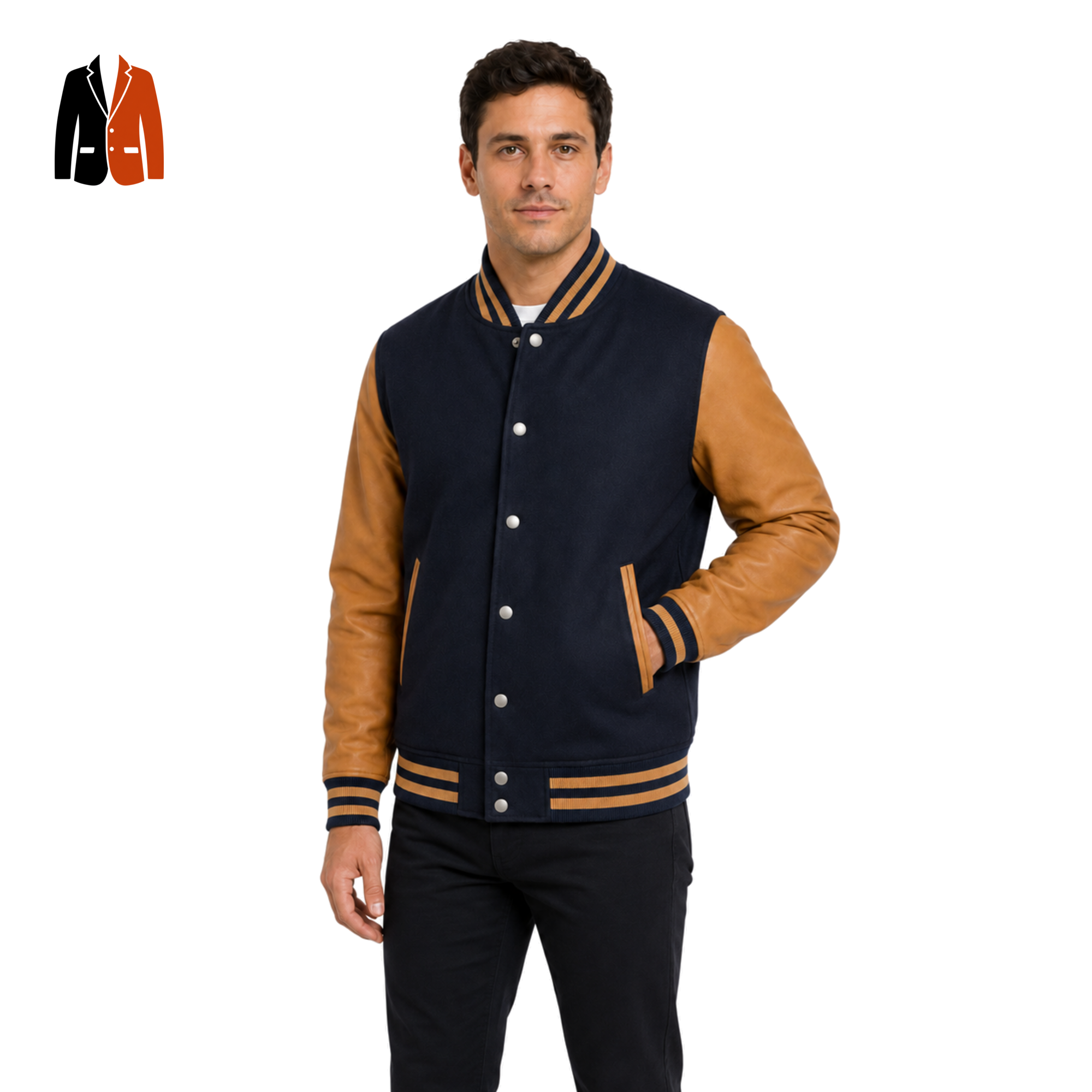 Navy Varsity Jacket with Contrast Sleeves
