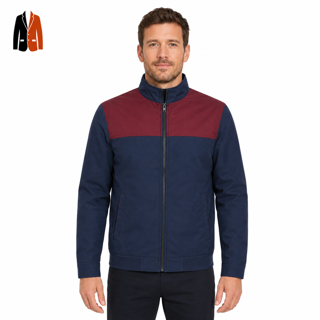 Navy Zip Front Stand Collar Jacket